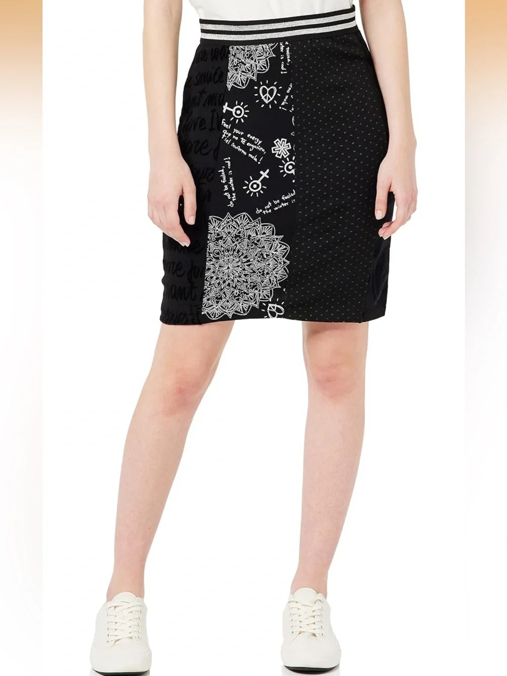 NWT Desigual Craig Black Patterned Panel Pencil Skirt - Women Size S